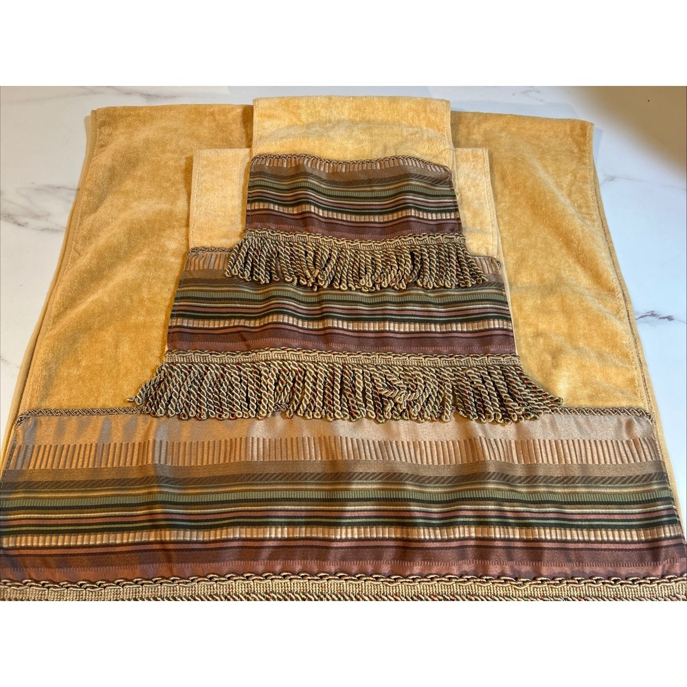 Vintage Croscill Carrington Aqua Cotton‎ Gold Fringe Trimmed Bath Towel Set Of 3